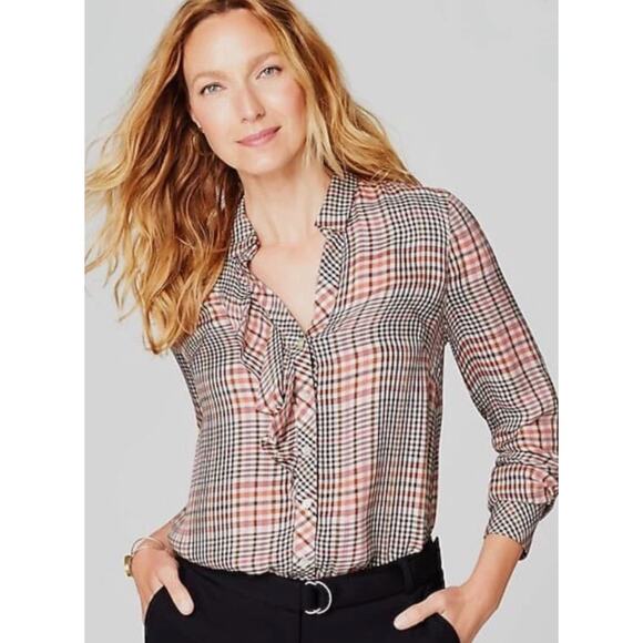 J.Jill Top Womens X Small Petite Pink Tea Rose Plaid Ruffled Button Front Blouse - Picture 1 of 10